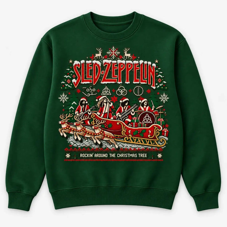 Fire Red Sled Zeppelin Christmas jumper flat lay