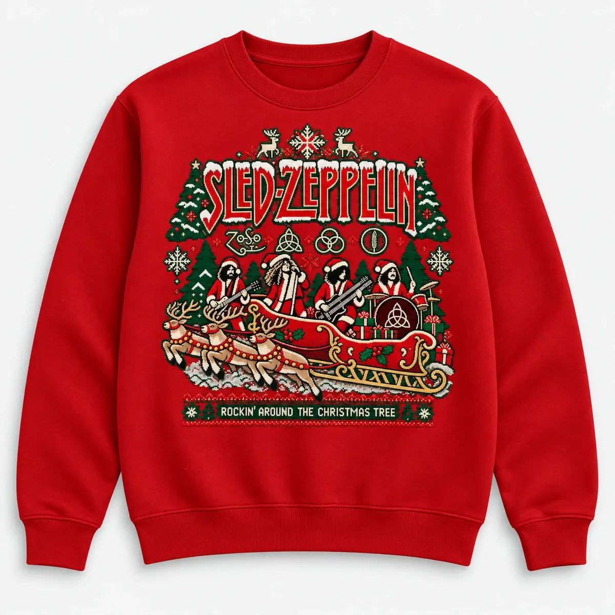 Fire Red Sled Zeppelin Christmas jumper flat lay