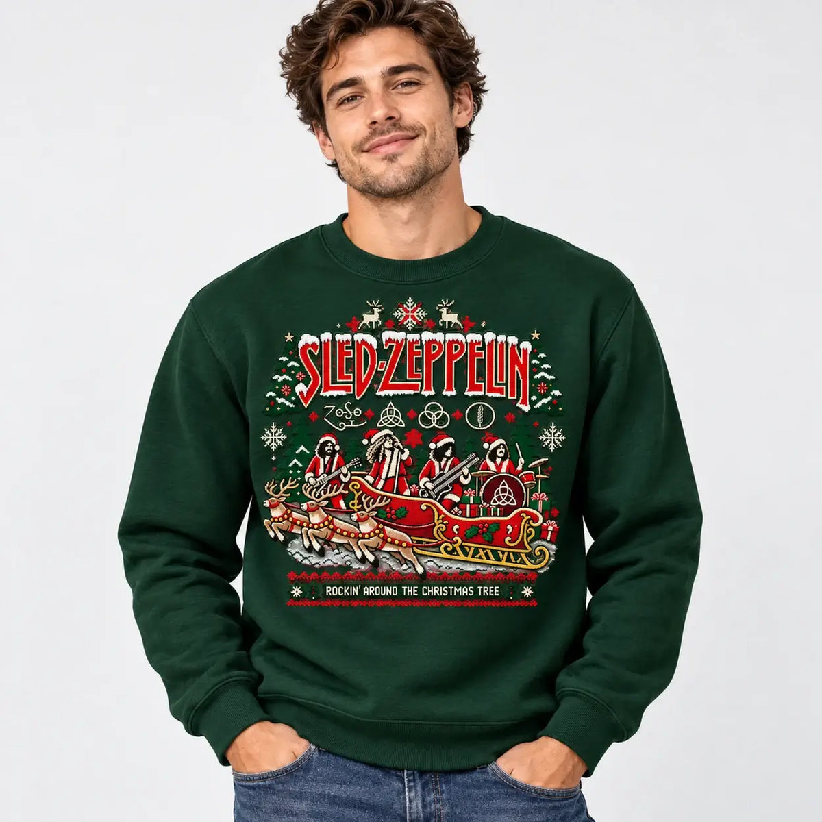 Model wearing Bottle Green Sled Zeppelin Christmas jumper