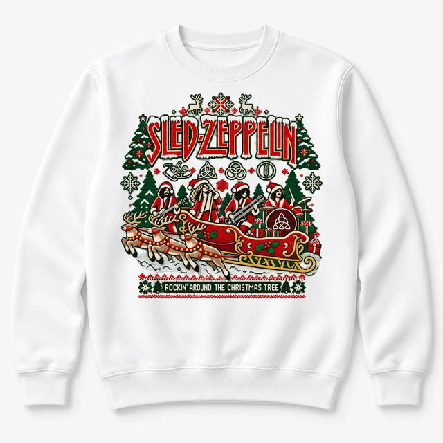 White Sled Zeppelin Christmas jumper flat lay