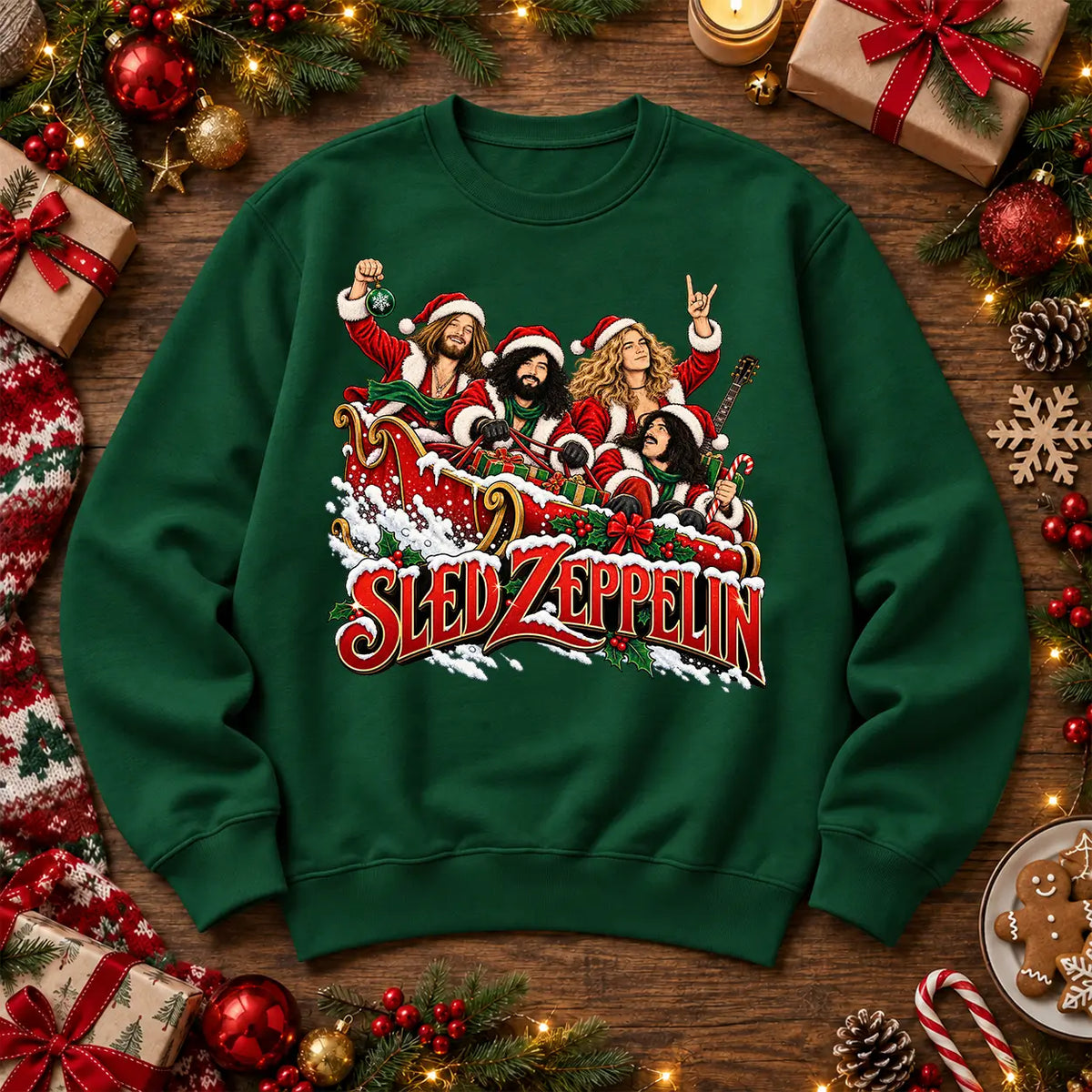 Bottle Green Sled Zeppelin Led Zeppelin inspired Christmas rock music festive jumper front print