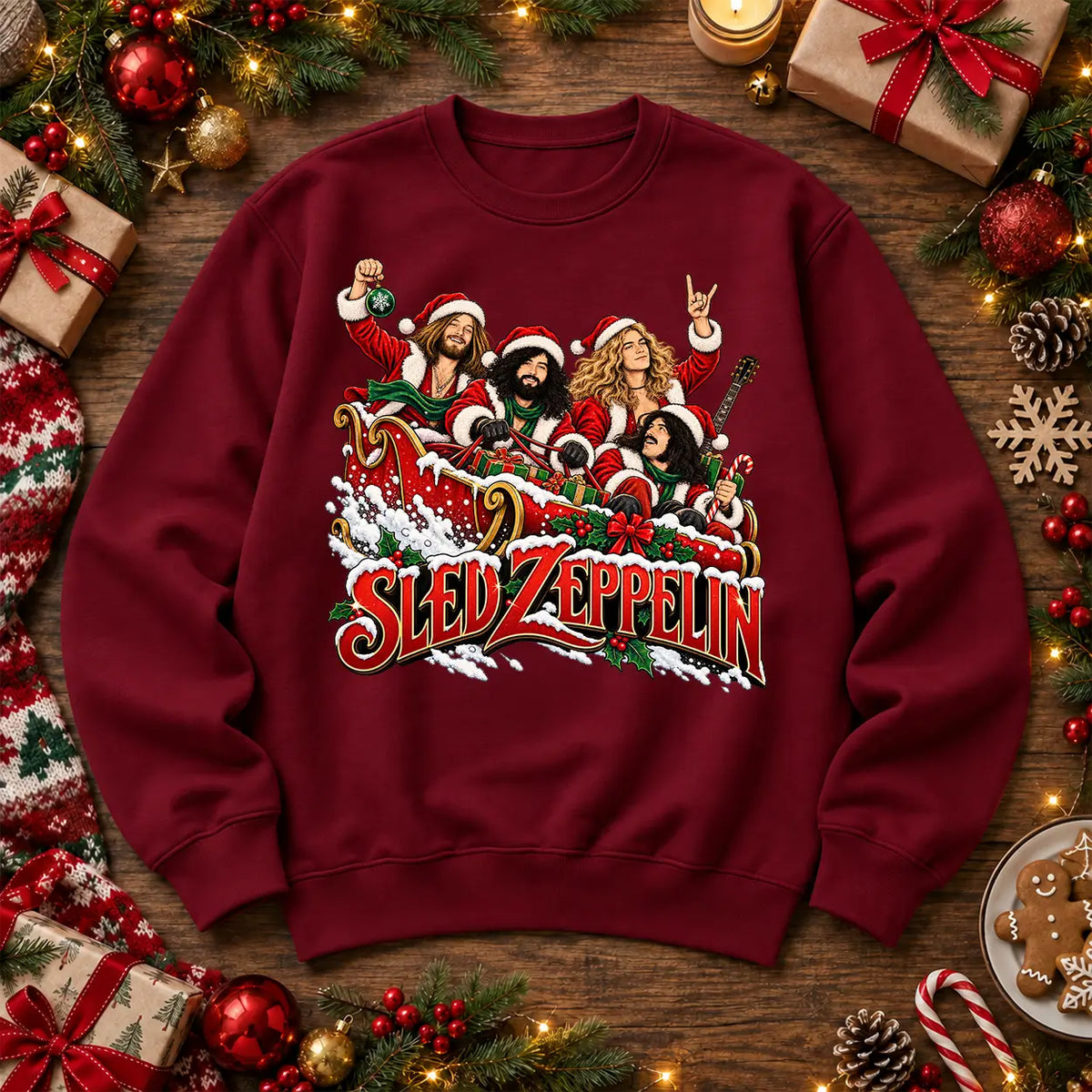 Burgundy Sled Zeppelin Led Zeppelin inspired Christmas rock music festive jumper front print