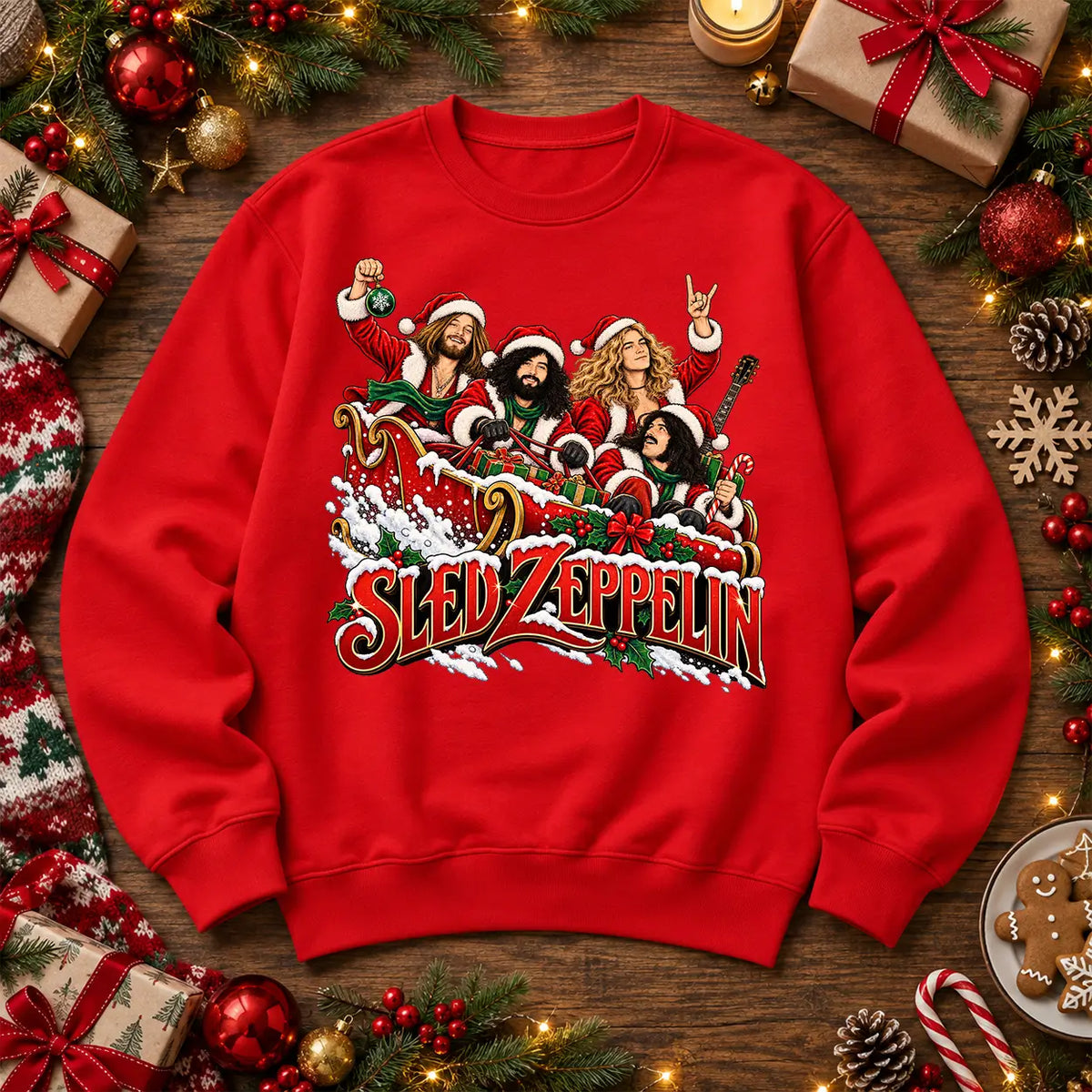 Fire Red Sled Zeppelin Led Zeppelin inspired Christmas rock music festive jumper front print