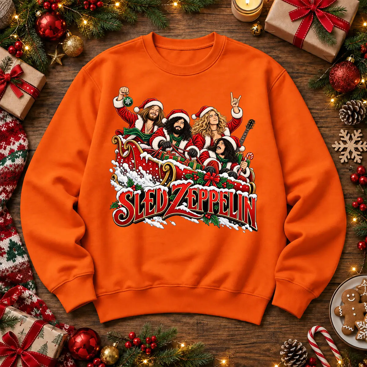 Orange Sled Zeppelin Led Zeppelin inspired Christmas rock music festive jumper front print