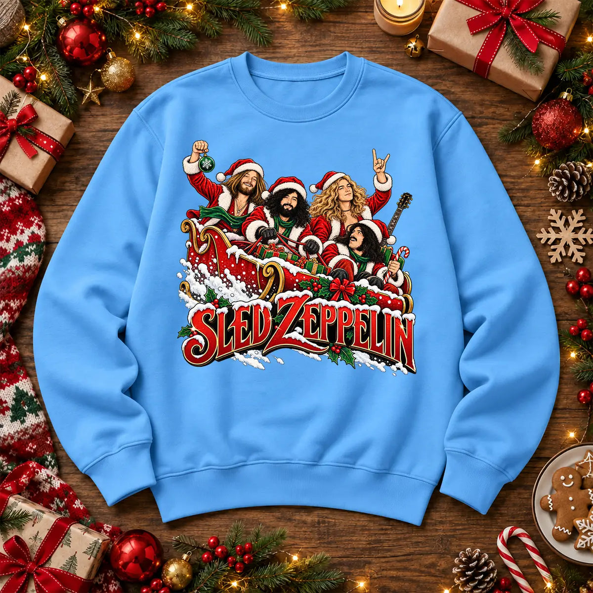 Sky Blue Sled Zeppelin Led Zeppelin inspired Christmas rock music festive jumper front print