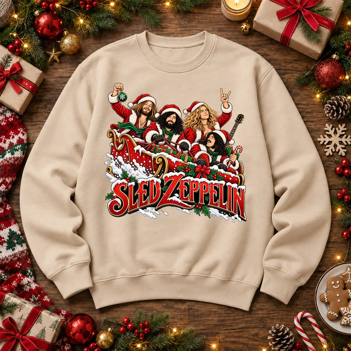Stone Sled Zeppelin Led Zeppelin inspired Christmas rock music festive jumper front print