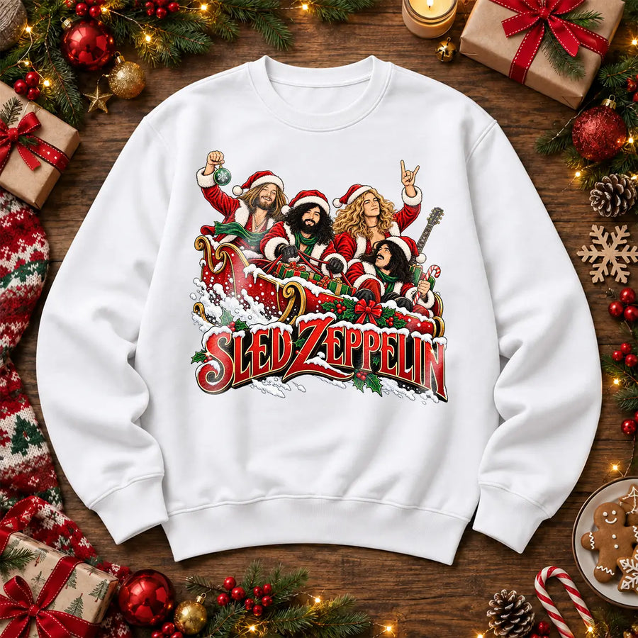 White Sled Zeppelin Led Zeppelin inspired Christmas rock music festive jumper front print