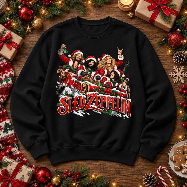 Black Sled Zeppelin Led Zeppelin inspired Christmas rock music festive jumper front print