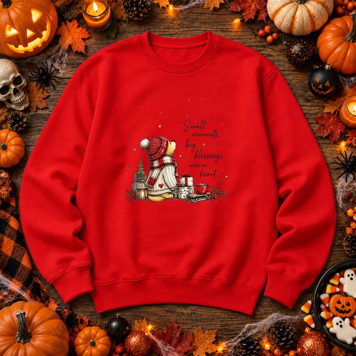 Fire Red Small Moments Big Blessings cosy Christmas jumper
