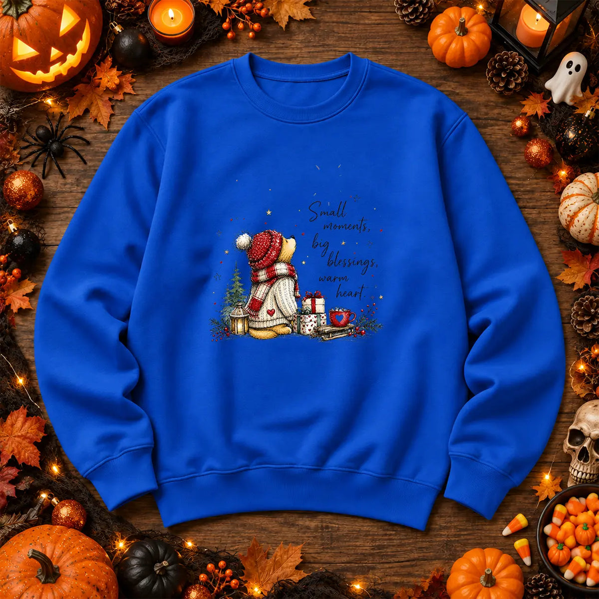 Royal Blue Small Moments Big Blessings cosy Christmas jumper