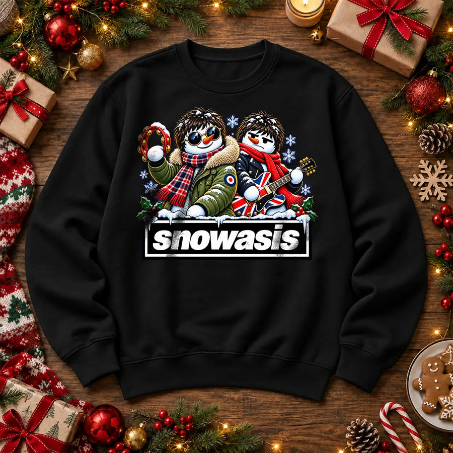 Black Snowasis Oasis-inspired Christmas jumper, full-colour festive snowmen design on front centre