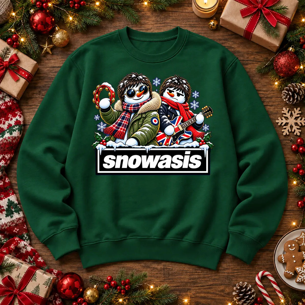 Bottle Green Snowasis Oasis-inspired Christmas jumper, full-colour festive snowmen design on front centre