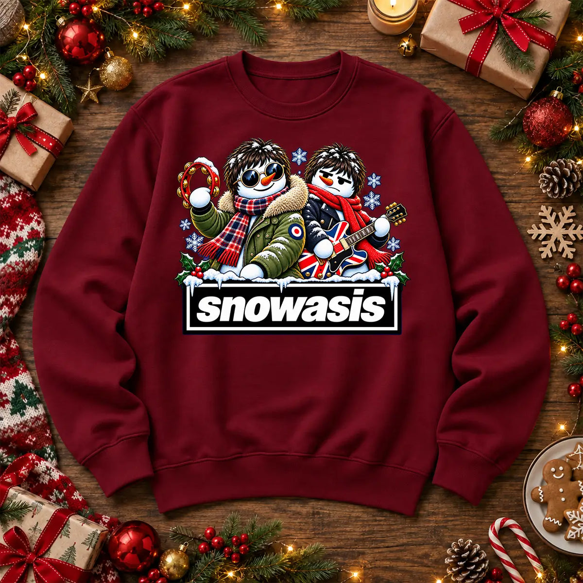 Burgundy Snowasis Oasis-inspired Christmas jumper, full-colour festive snowmen design on front centre