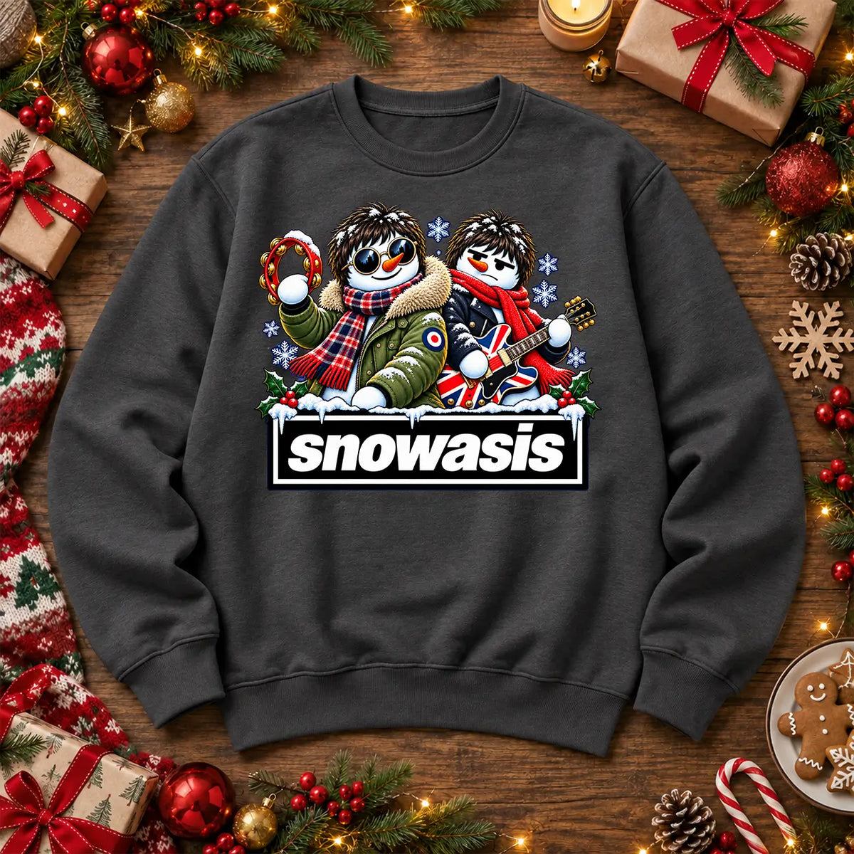 Charcoal Snowasis Oasis-inspired Christmas jumper, full-colour festive snowmen design on front centre
