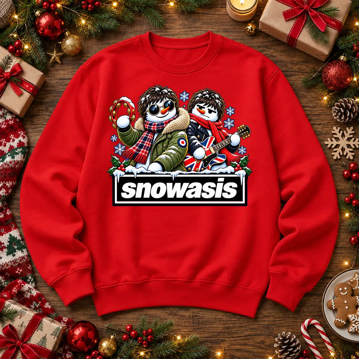 Fire Red Snowasis Oasis-inspired Christmas jumper, full-colour festive snowmen design on front centre
