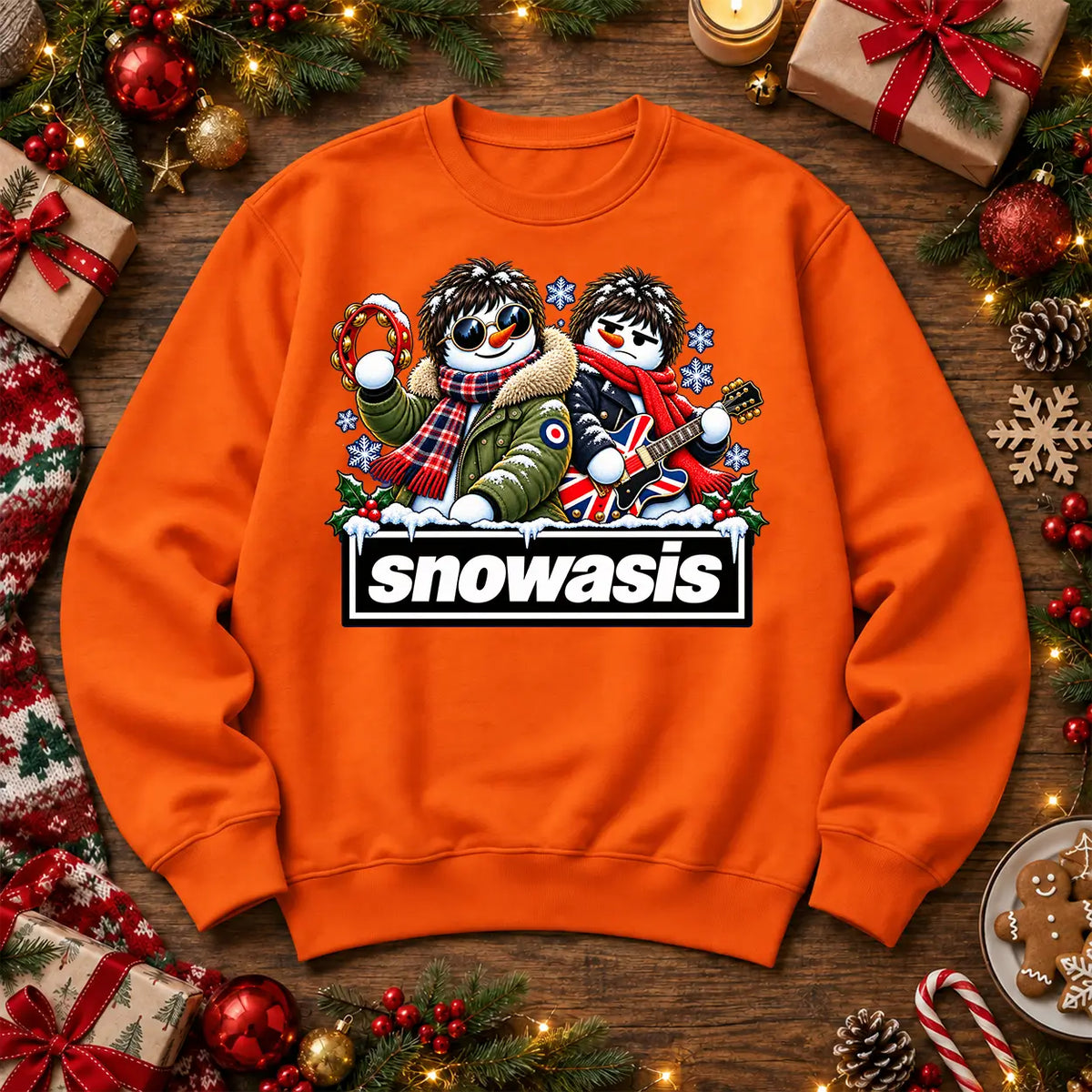 Orange Snowasis Oasis-inspired Christmas jumper, full-colour festive snowmen design on front centre