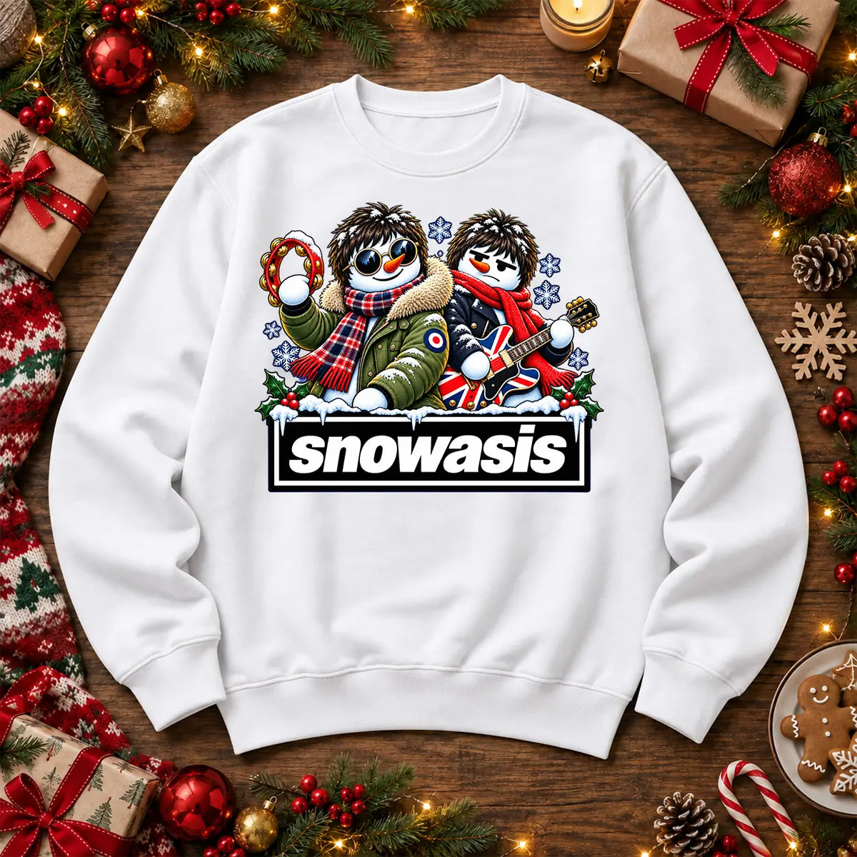 White Snowasis Oasis-inspired Christmas jumper, full-colour festive snowmen design on front centre