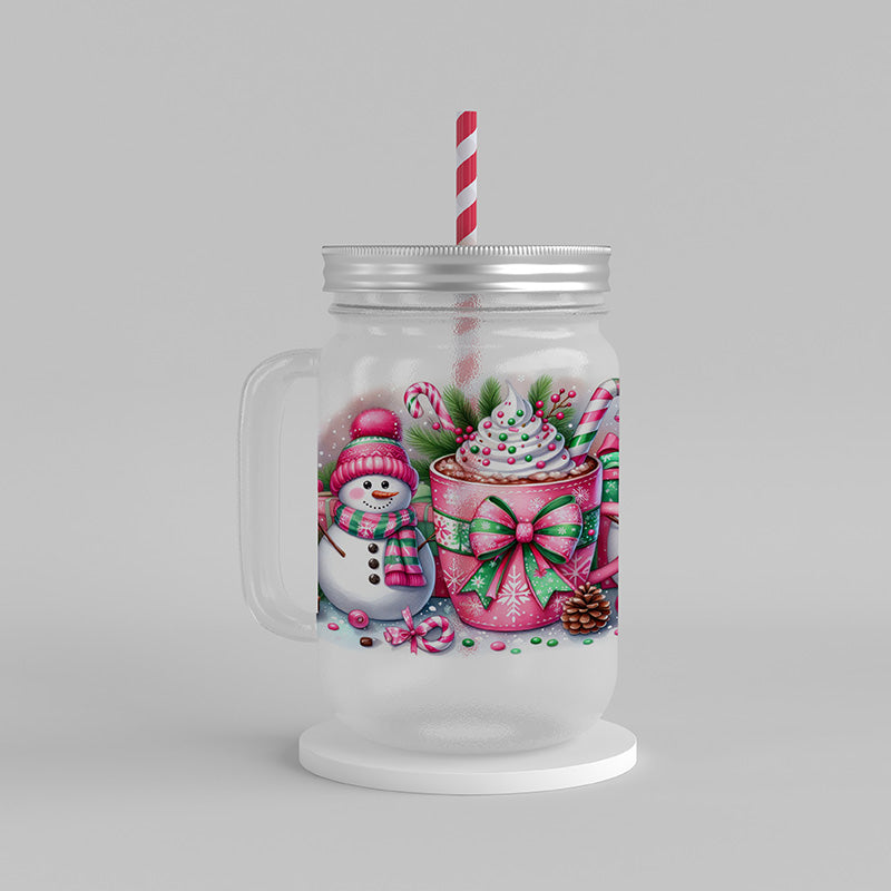 Snowman Pink Christmas UV DTF Printed 16 Oz Mason Jar with Lid & Straw