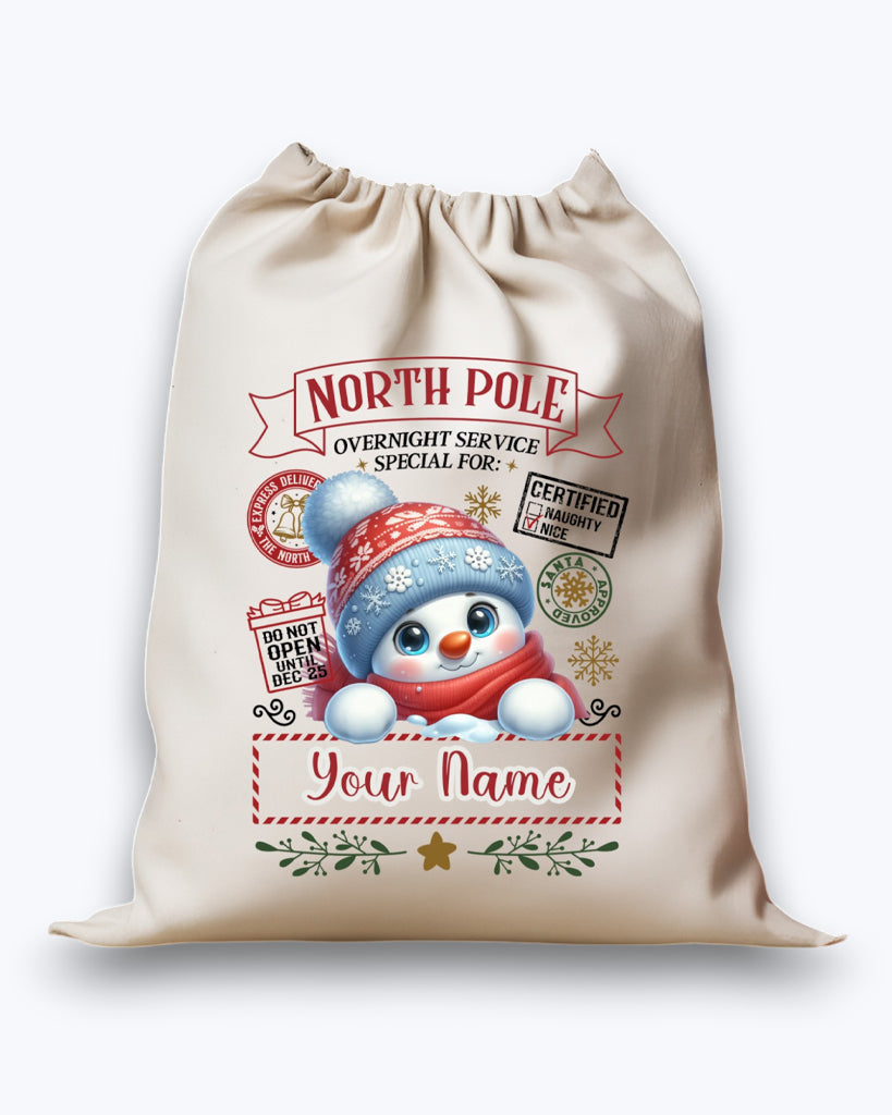 Personalised DTF Printed Christmas Sack - Snowman Design 40cm x 61.5cm