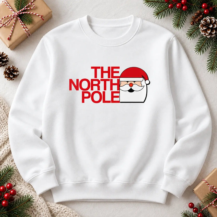 White The North Pole Santa Christmas jumper flat lay