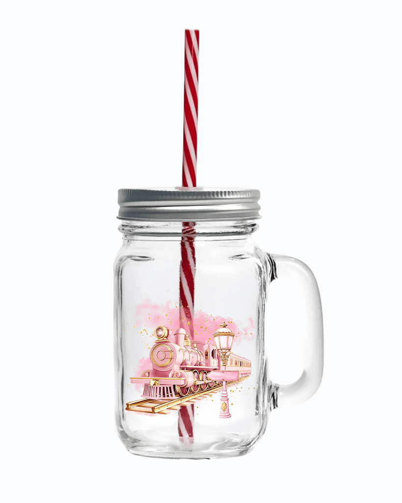 Pink Train Personalised UV DTF Printed 16 Oz Mason Jar + Lid & Straw