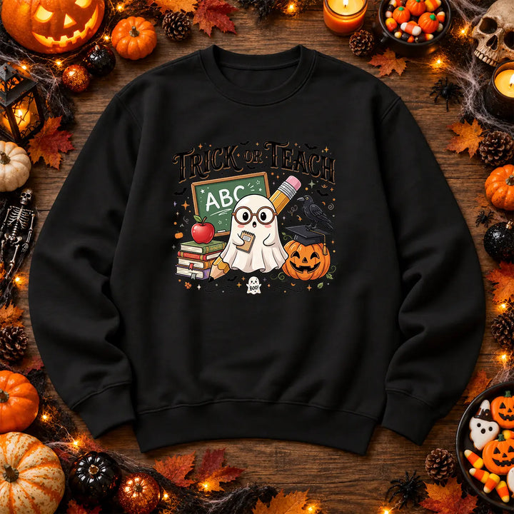 Black Trick or Teach Halloween teacher jumper with ghost and school artwork