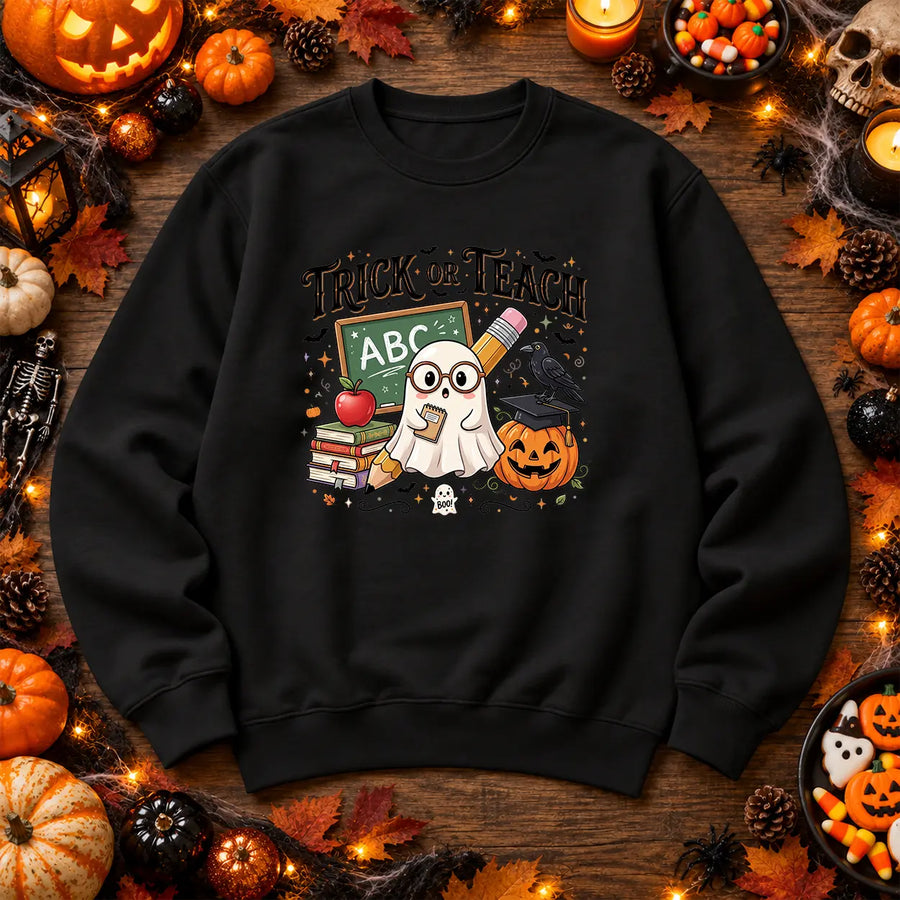Black Trick or Teach Halloween teacher jumper with ghost and school artwork