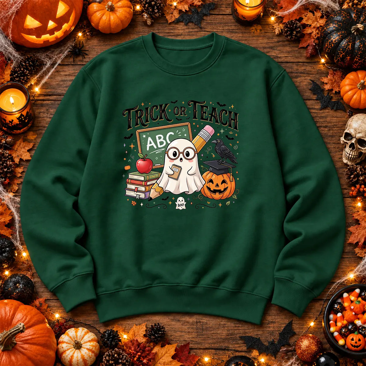 Bottle Green Trick or Teach Halloween teacher jumper with ghost and school artwork