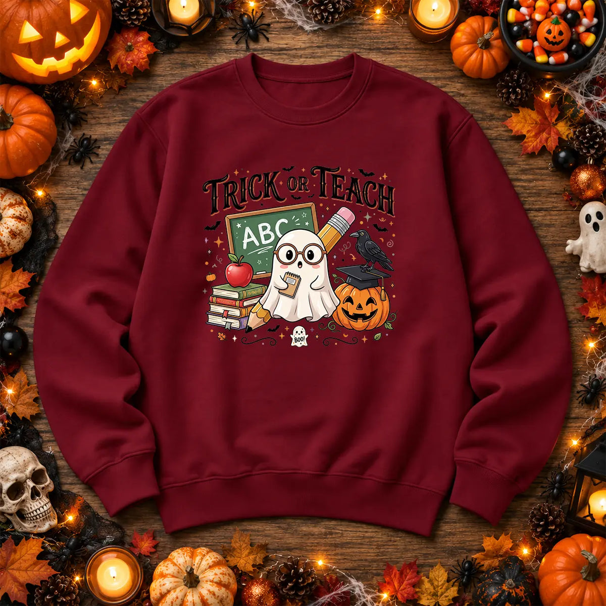 Burgundy Trick or Teach Halloween teacher jumper with ghost and school artwork