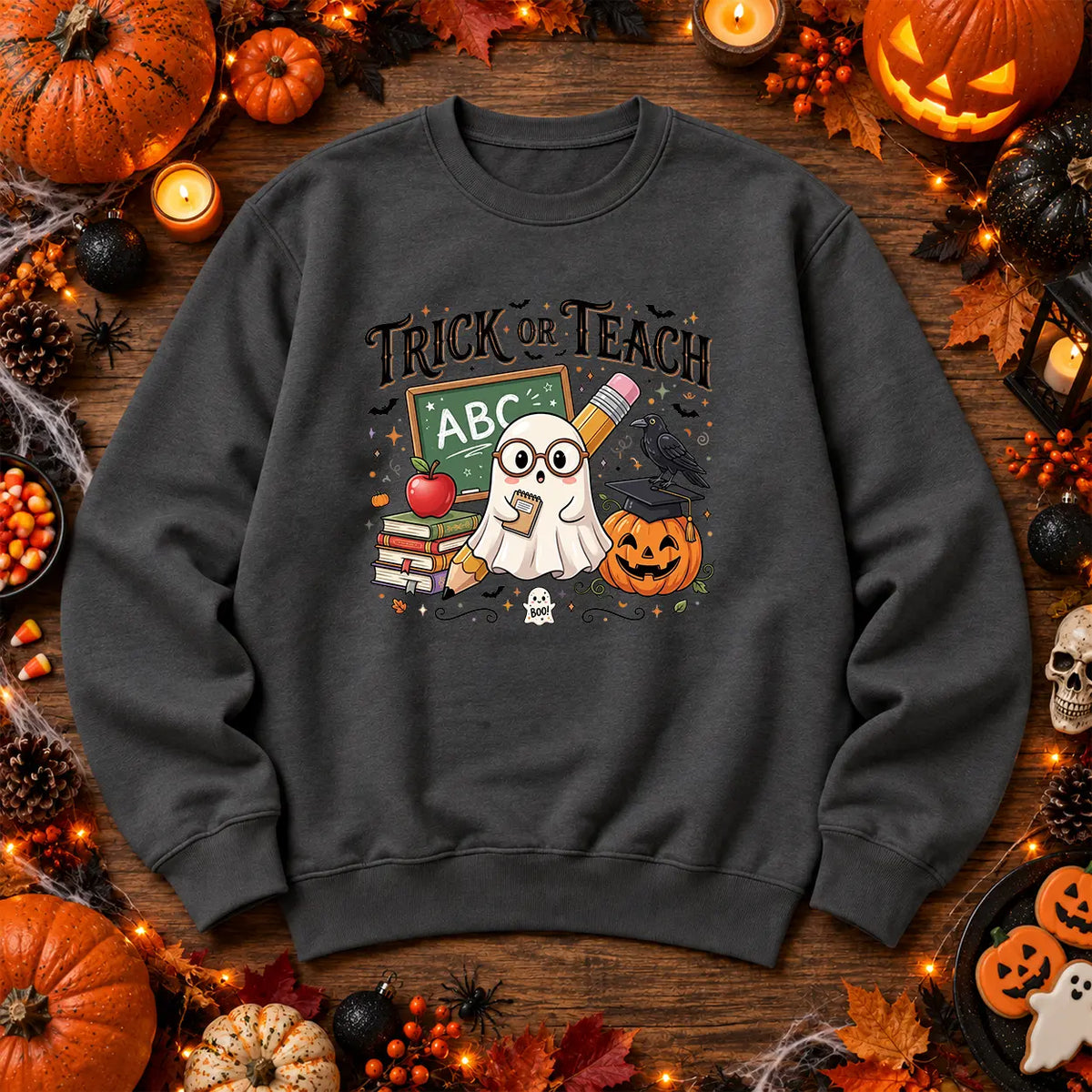 Charcoal Trick or Teach Halloween teacher jumper with ghost and school artwork