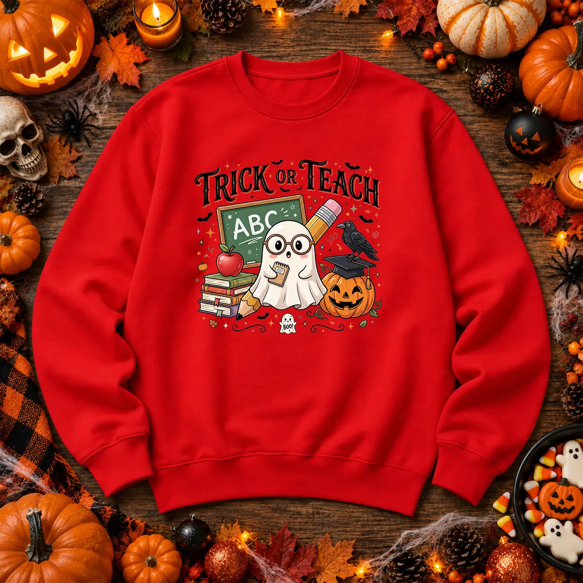 Fire Red Trick or Teach Halloween teacher jumper with ghost and school artwork