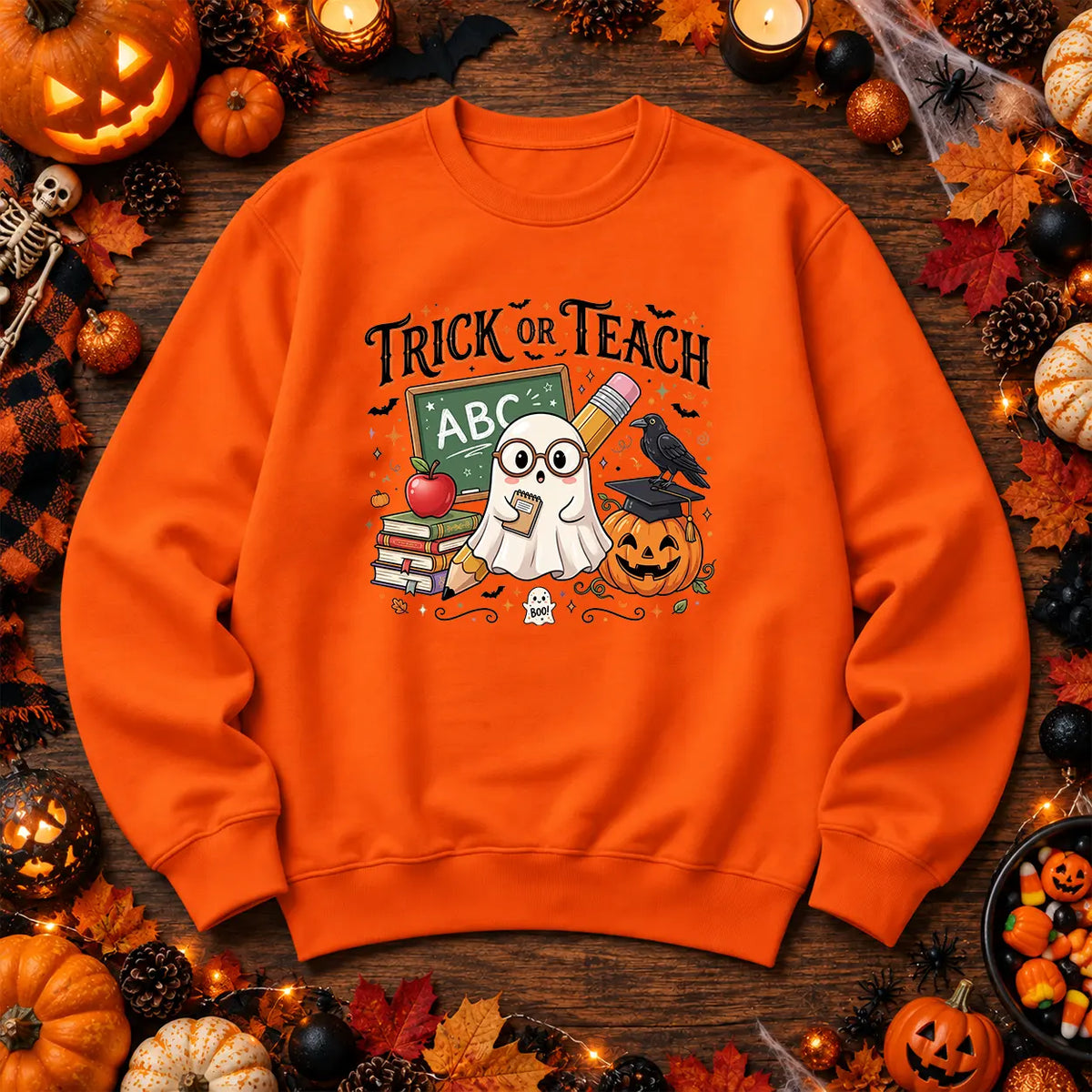 Orange Trick or Teach Halloween teacher jumper with ghost and school artwork