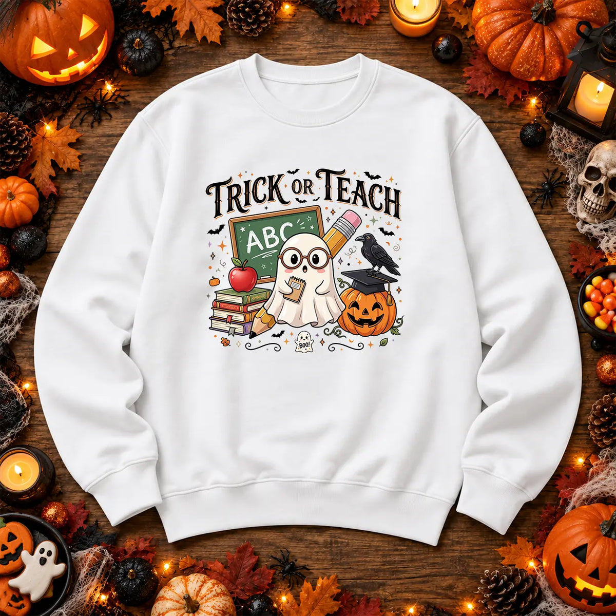 White Trick or Teach Halloween teacher jumper with ghost and school artwork