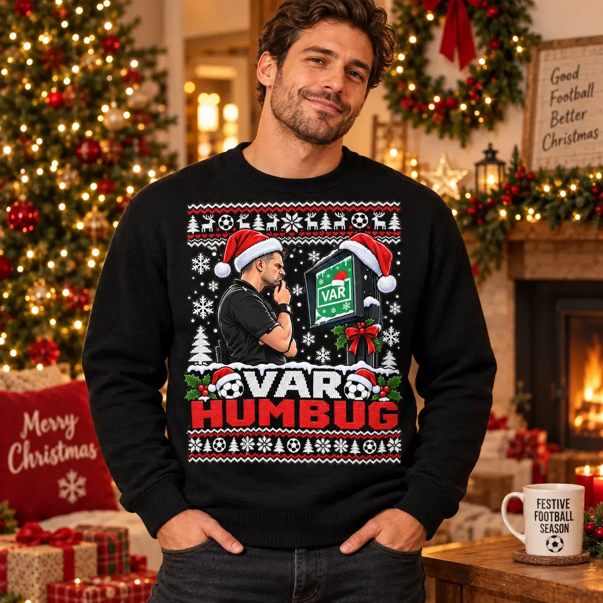 Model wearing Black VAR Humbug Christmas jumper in a festive setting