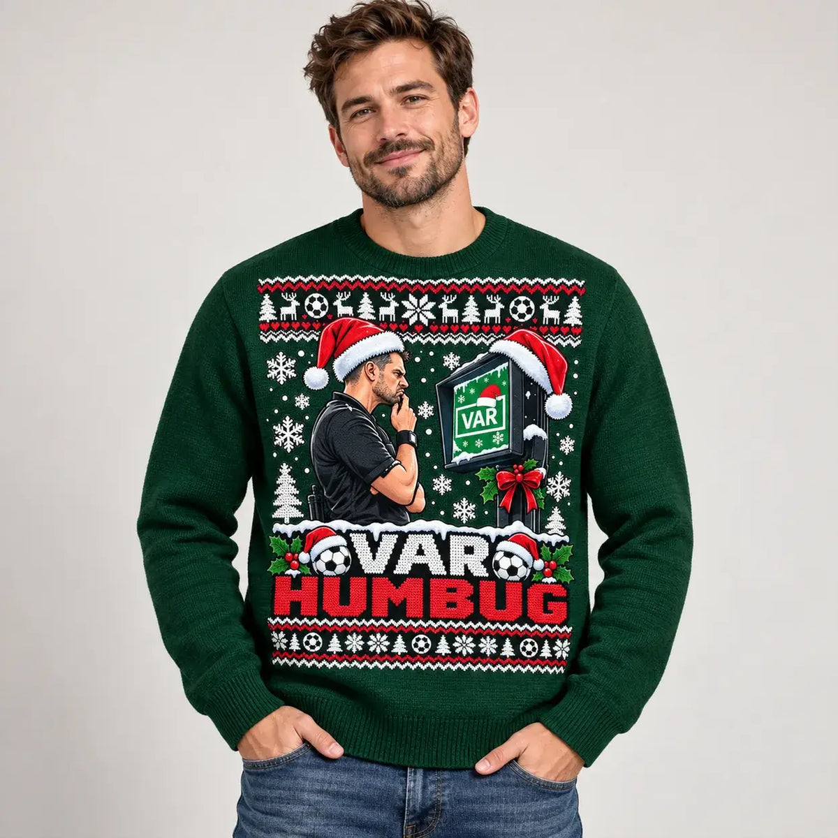 Model wearing Bottle Green VAR Humbug Christmas jumper