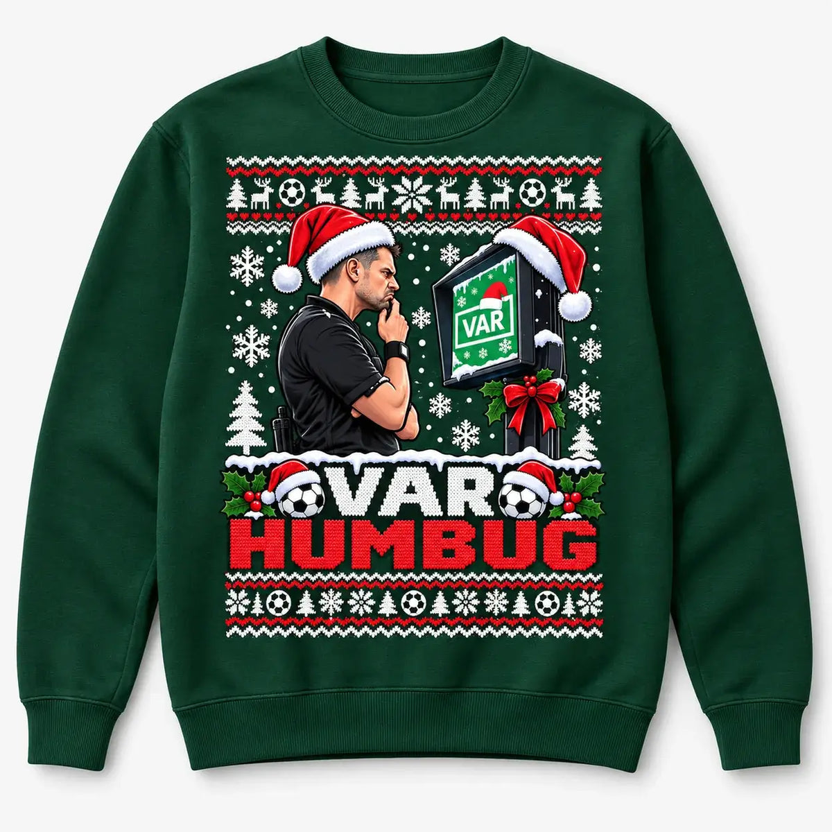 Bottle Green VAR Humbug Christmas jumper flat lay