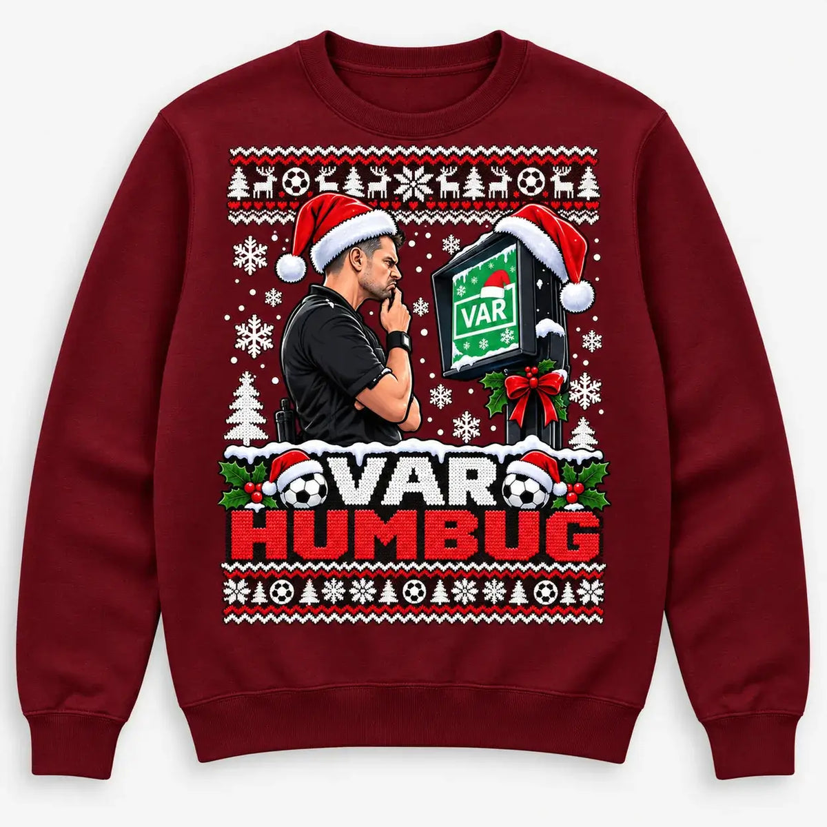 Burgundy VAR Humbug Christmas jumper flat lay