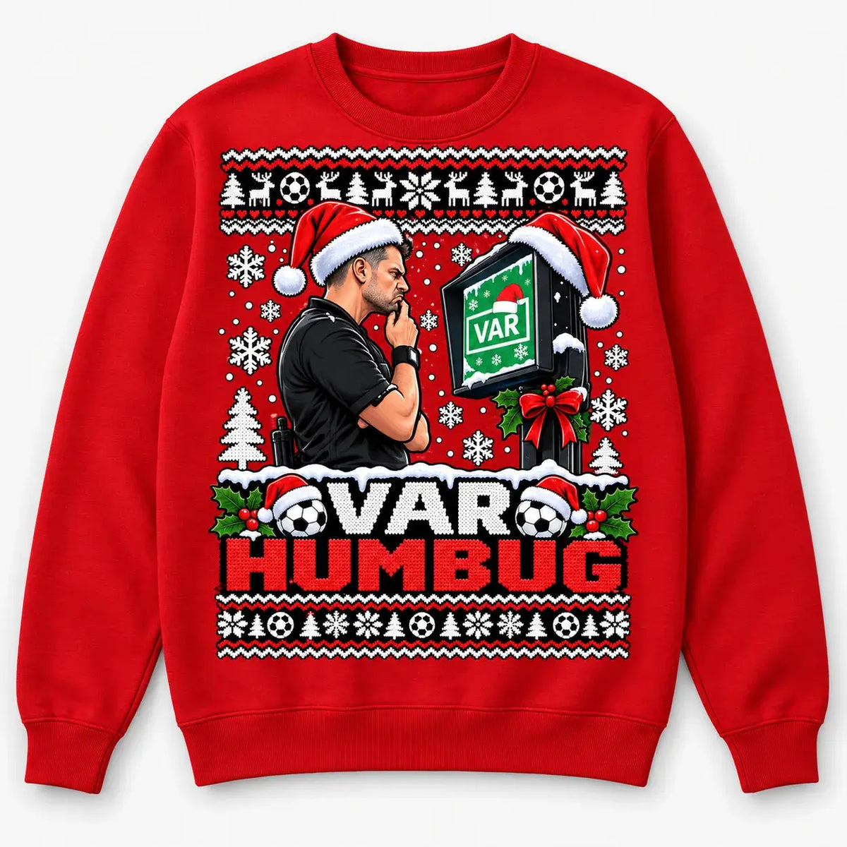 Fire Red VAR Humbug Christmas jumper flat lay
