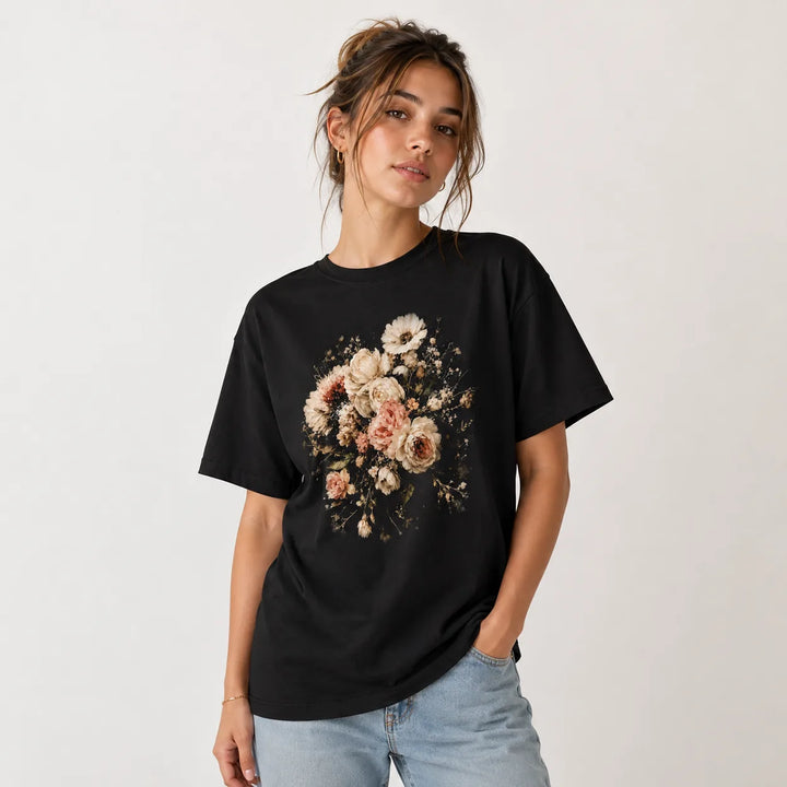 Vintage floral bouquet graphic black T-shirt model mockup