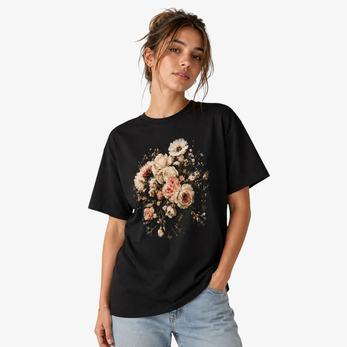 Vintage floral bouquet graphic black T-shirt model mockup
