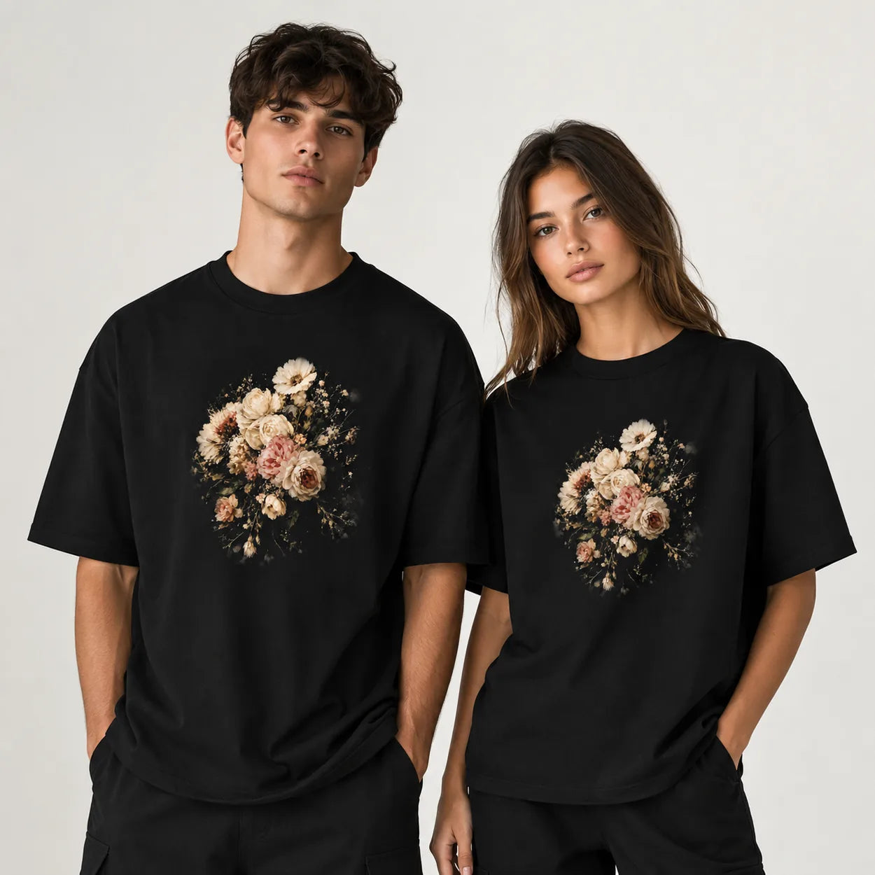 Unisex vintage floral graphic black T-shirt couple mockup