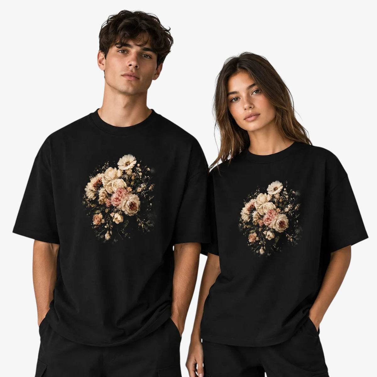 Unisex vintage floral graphic black T-shirt couple mockup