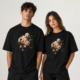 Unisex vintage floral graphic black T-shirt couple mockup