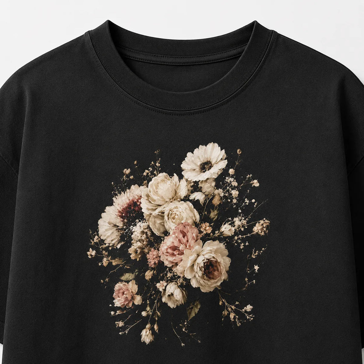 Close-up of vintage floral print on black T-shirt