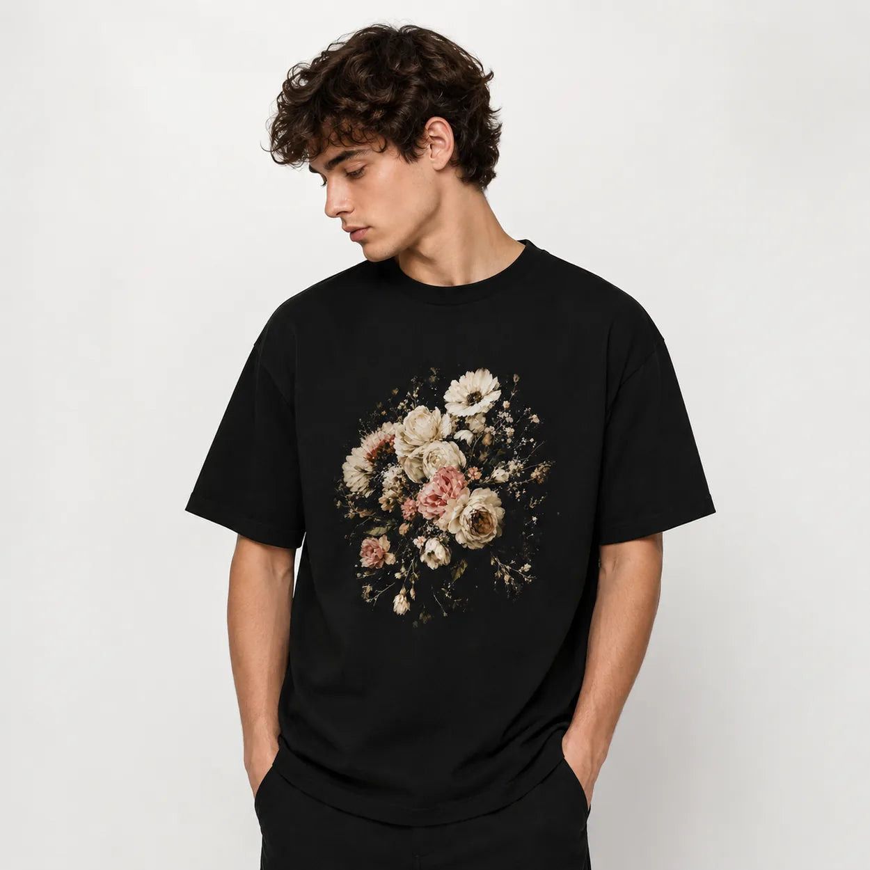 Men's vintage floral bouquet black T-shirt mockup