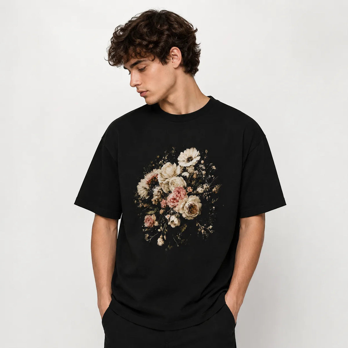 Men's vintage floral bouquet black T-shirt mockup