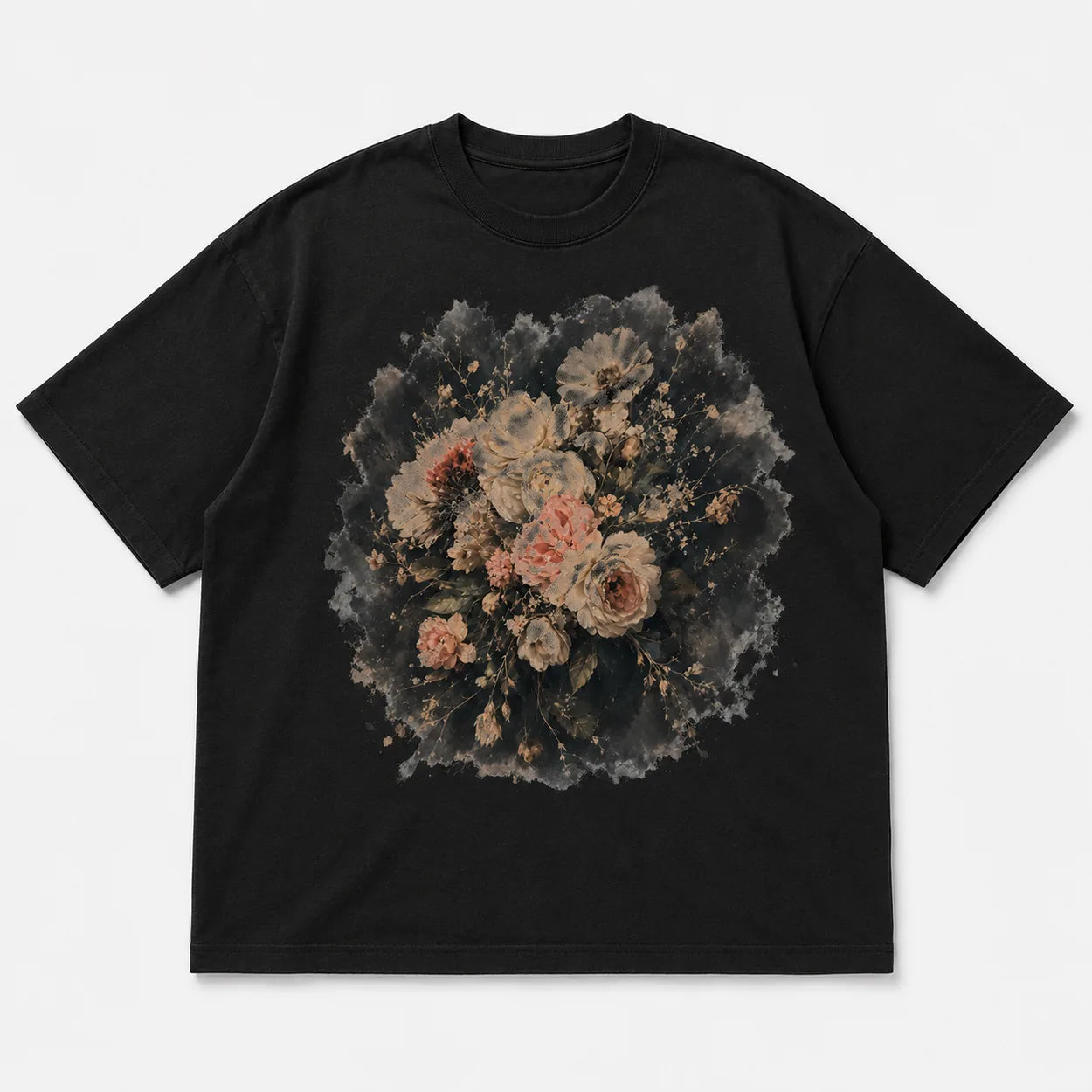 Black floral graphic T-shirt flat product mockup