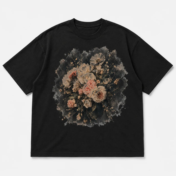 Black floral graphic T-shirt flat product mockup