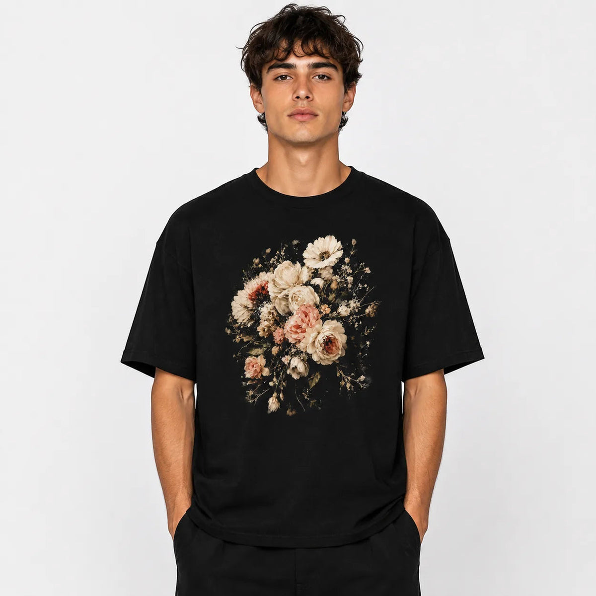 Men's black vintage floral graphic T-shirt front view