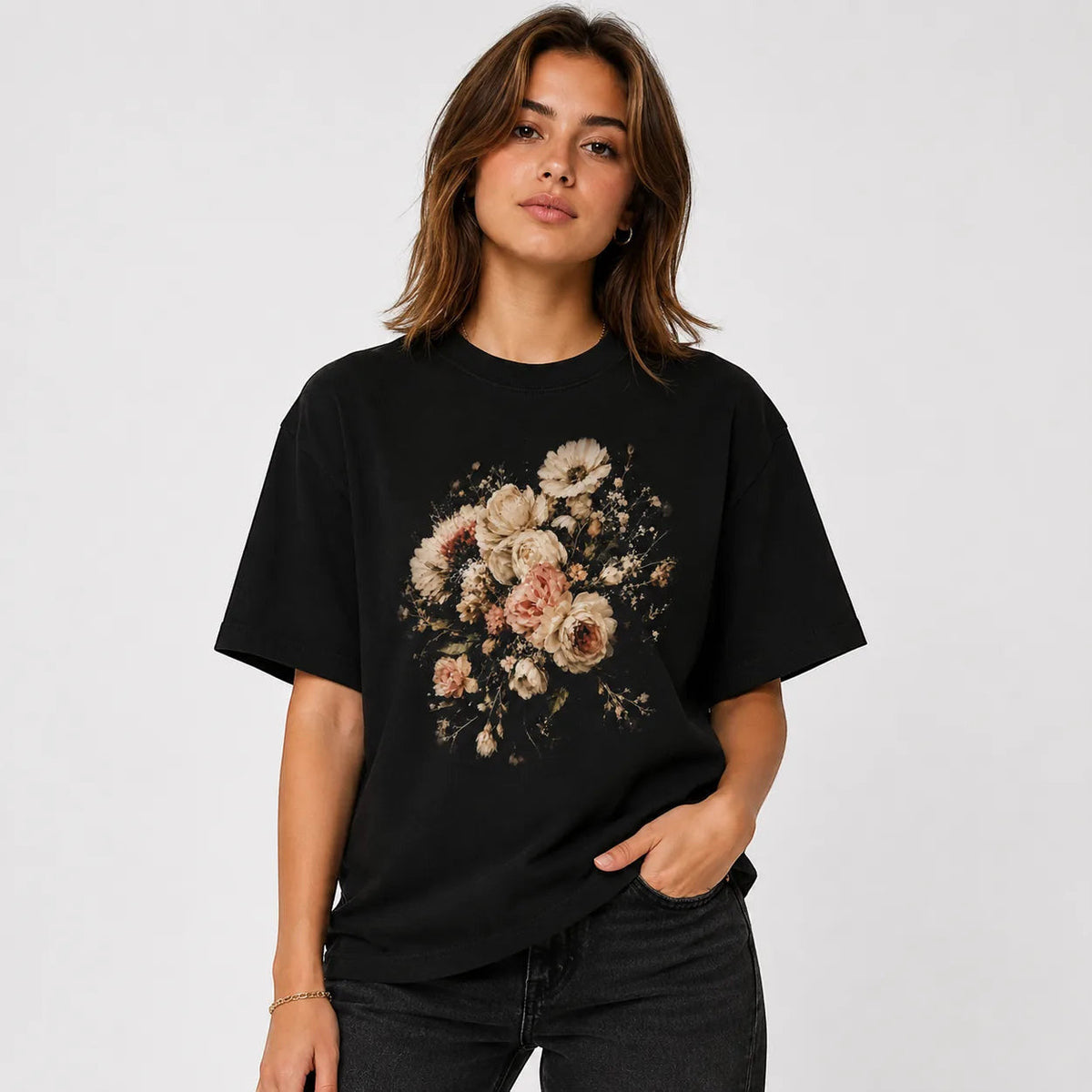 Women's black vintage floral graphic T-shirt front view